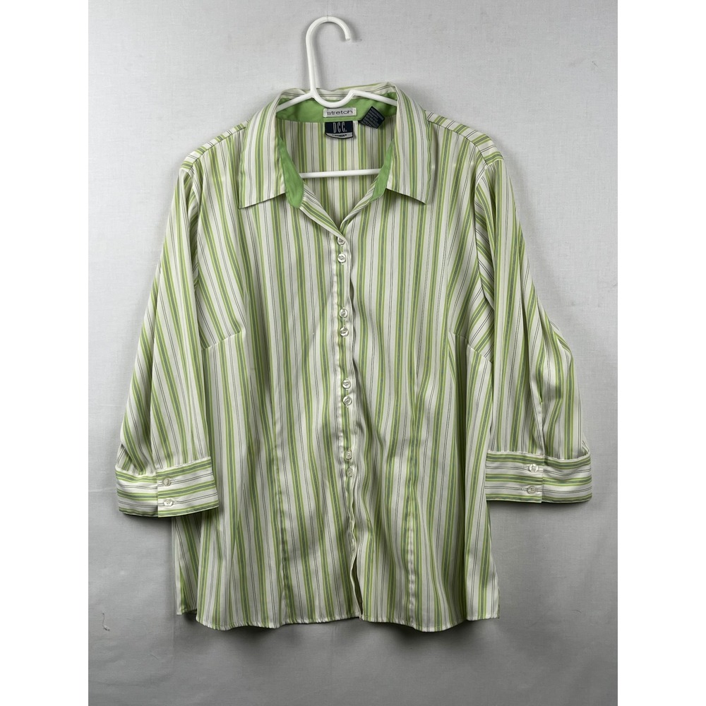 DCC Woman Striped Button Up Shirt Womens Plus 18/20 3/4 Sleeve Stretch Green Wh